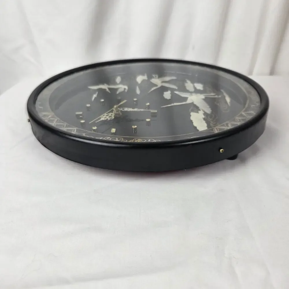 Vintage Asian Mother of Pearl Bird Lacquer Wall Clock 12” Japanese Crane Black